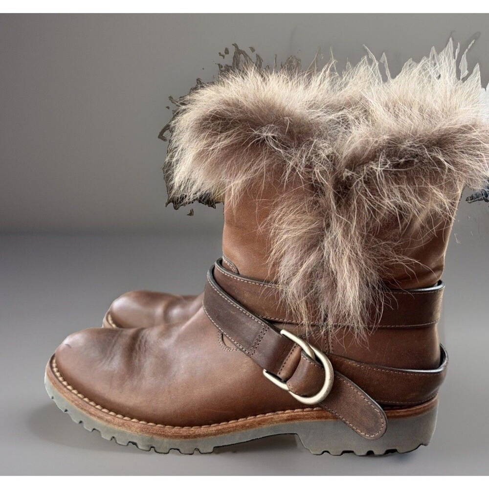 Brunello Cucinelli Women Brown Leather Fur Trim Moto Ankle Boots Buckle Sz 8